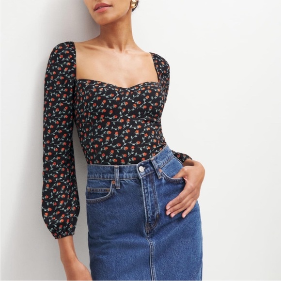 REFORMATION Rose Floral Puff Long Sleeve Sweetheart Neck Smocked Back Top‎ 14 - Picture 7 of 8